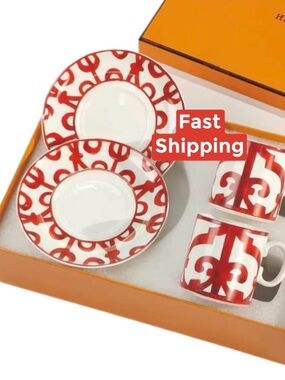 Hermes White Porcelain Espresso Cup & Saucer with Red Motif - 1 Set